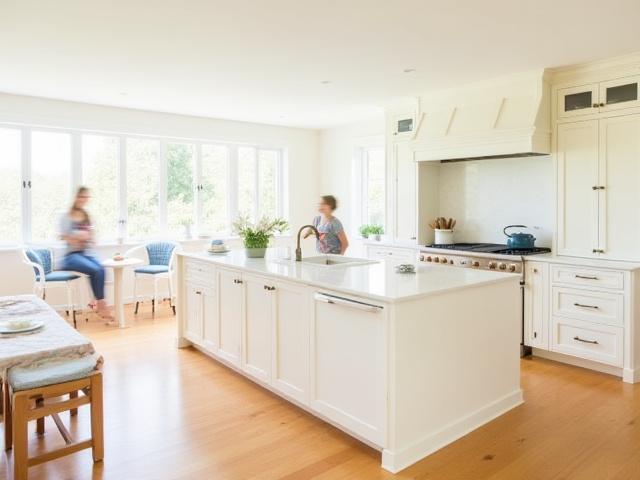 Clontarf Family Kitchen: Bright, open-plan kitchen with a large central island, white cabinetry, and wooden flooring.