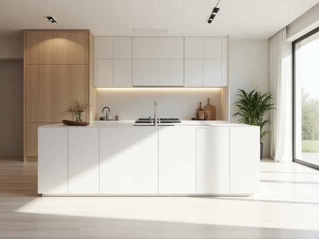 The Killiney Kitchen: Modern minimalist kitchen with a large island and ample natural light.