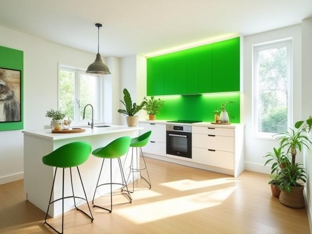 Bright contemporary kitchen with white cabinets, light wood flooring, and vibrant green accents