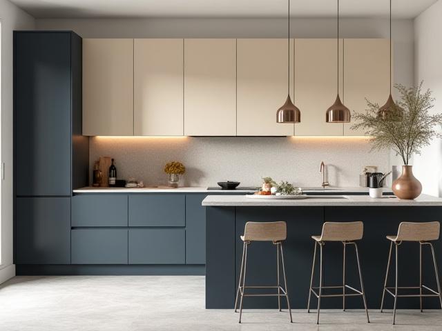 Contemporary kitchen with contrasting dark lower cabinets and light upper cabinets, an integrated breakfast bar, and pendant lighting