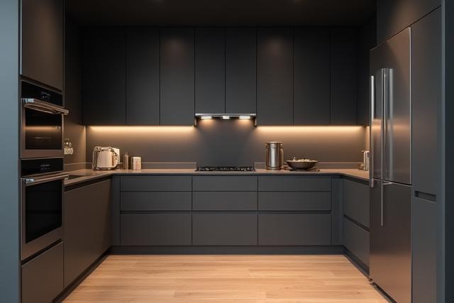 Modern kitchen with integrated appliances, showing a flush oven and sleek cabinetry.