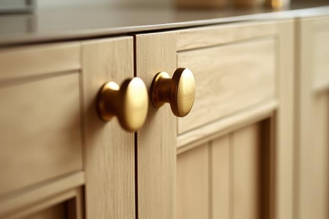 Close-up of bespoke kitchen cabinetry with luxurious wood grain and elegant handles.