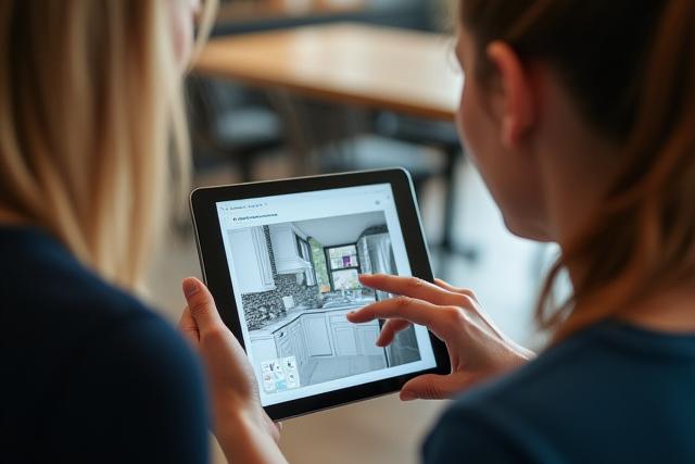Kitchen designer collaborating with a client, viewing 3D kitchen renderings on a tablet.