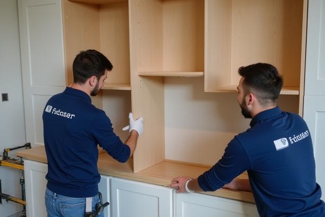 Professional kitchen installers meticulously fitting bespoke cabinetry in a modern kitchen.